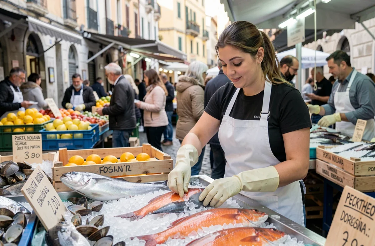 Vendeuse de poissons frais au marché Porta Nolana de Naples loin des circuits touristiques classiques