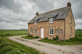 Vue extérieure d'un gîte typique en briques du Nord de la France entouré de prairies vertes sous un ciel nuageux