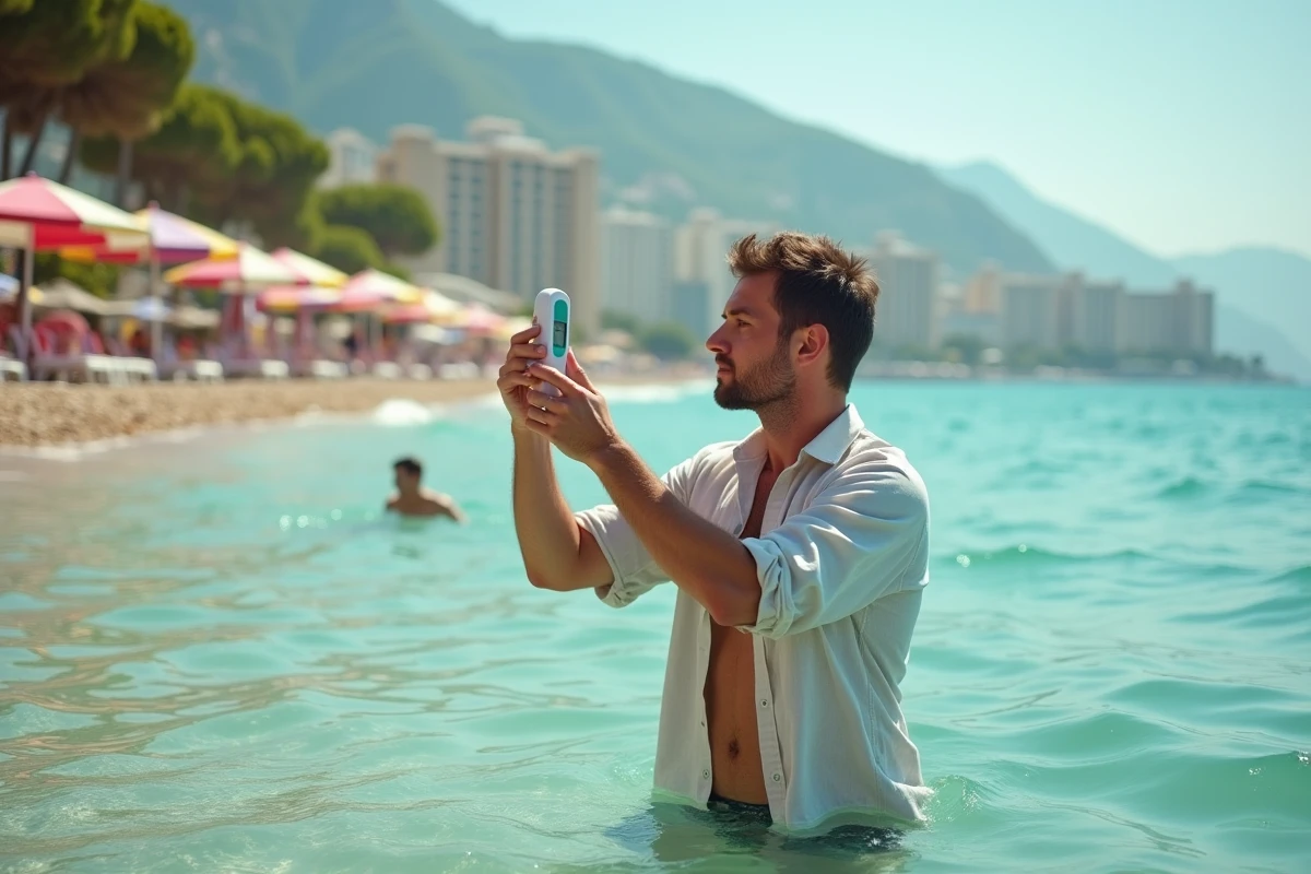 Homme mesurant la température de l'eau de mer à Nice avec un thermomètre lors d'une journée estivale