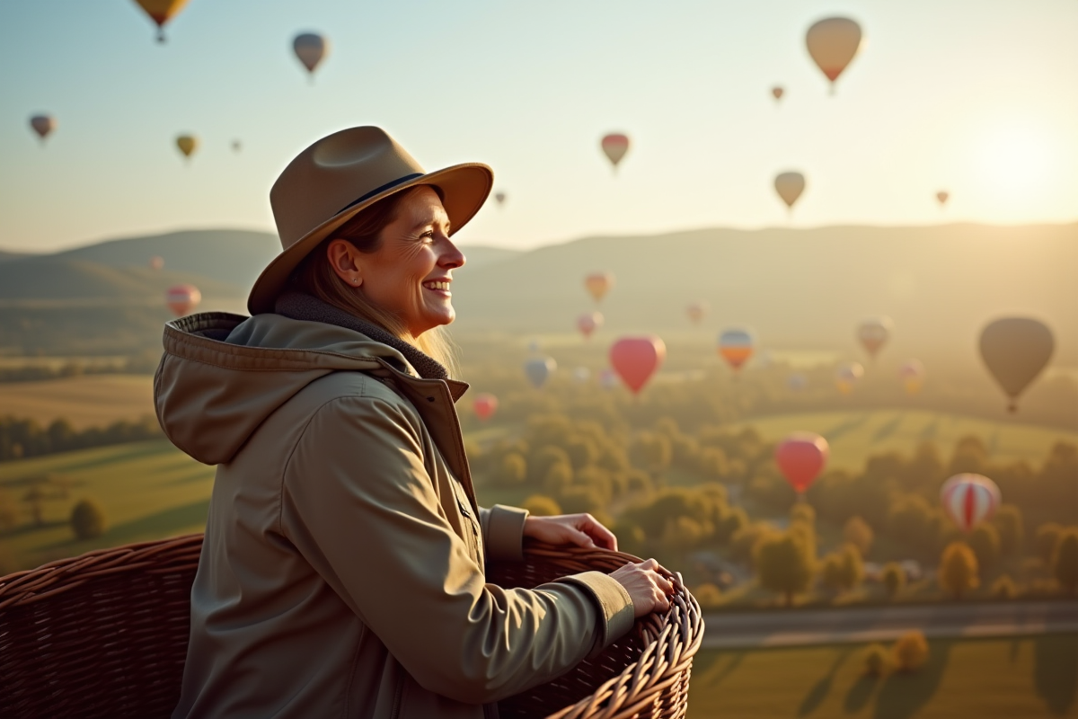 Femme souriante regardant des montgolfieres au lever du jour