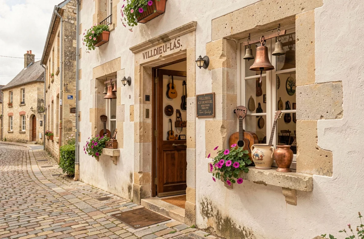 Façade de la chambre d'hôtes Les Music'hôtes à Villedieu-les-Poêles avec décor en cuivre régional
