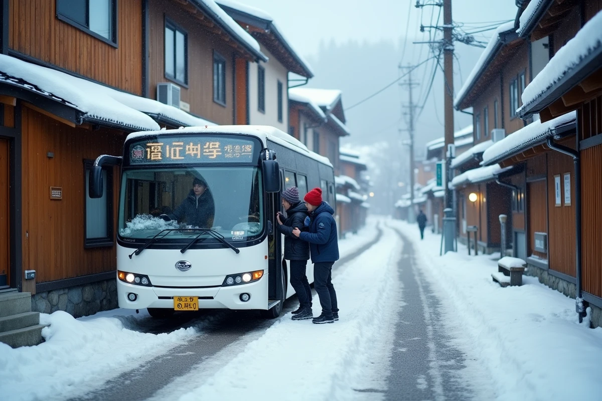 Navette locale desservant le village de Nozawa Onsen sur une rue enneigée bordée de maisons en bois japonaises