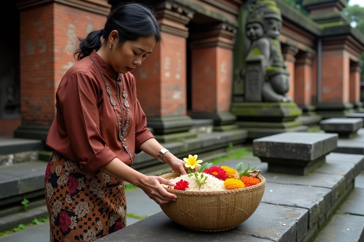 Femme balinaise déposant une offrande florale sur un autel en pierre au sein du temple Taman Ayun, vêtue d'un kebaya traditionnel