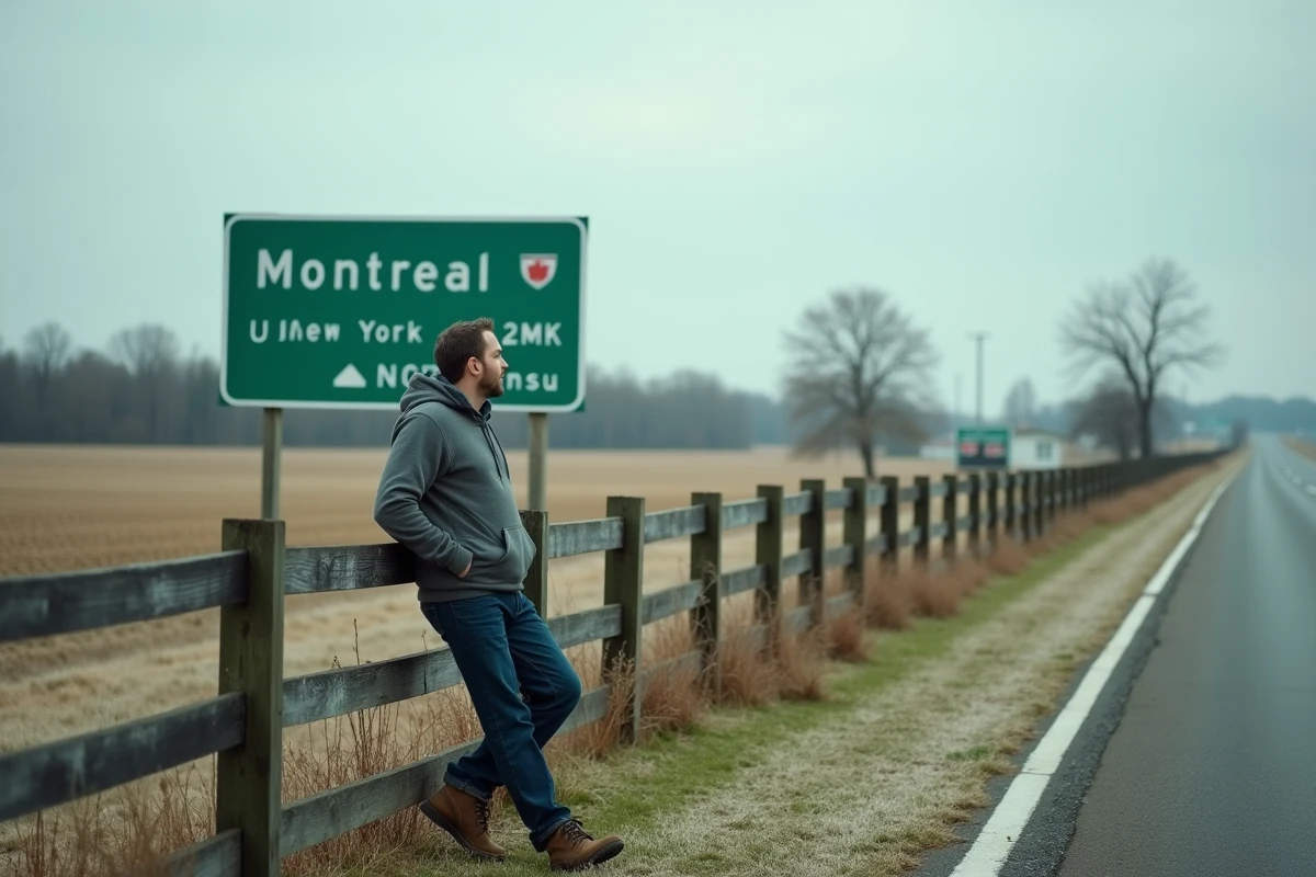 Homme s'appuyant sur une clôture près d'un panneau routier indiquant la distance entre Montréal et New York à la frontière canado-américaine