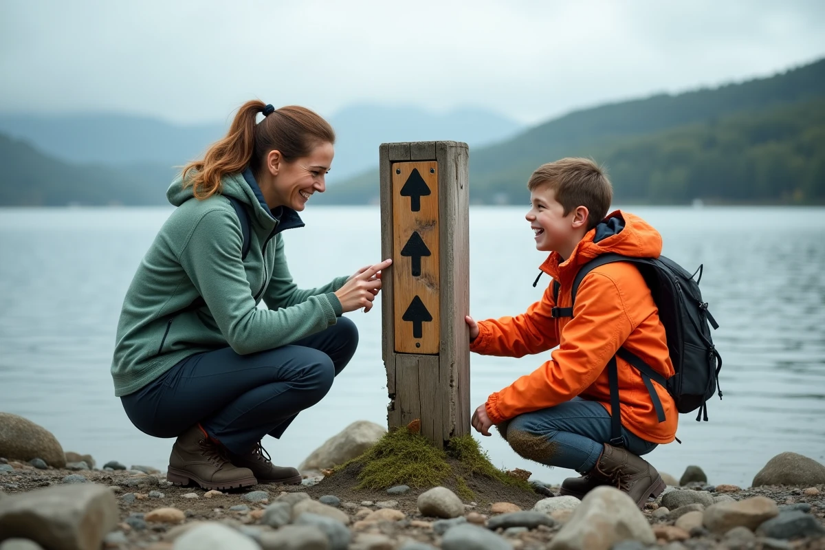 Mère et enfant consultant un panneau de signalisation sur le sentier du tour du lac de Gérardmer