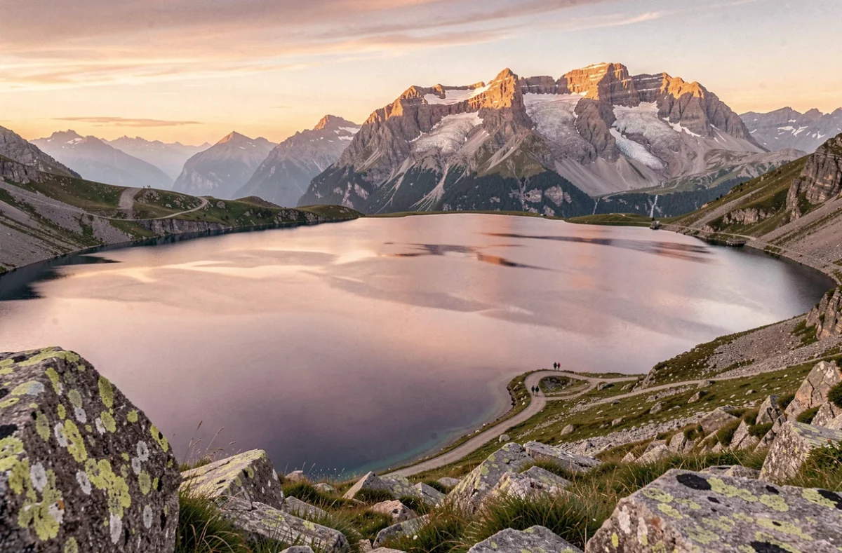 Vue panoramique du lac Oeschinensee depuis les hauteurs au coucher du soleil avec reflets dorés sur l'eau et massif enneigé en arrière-plan