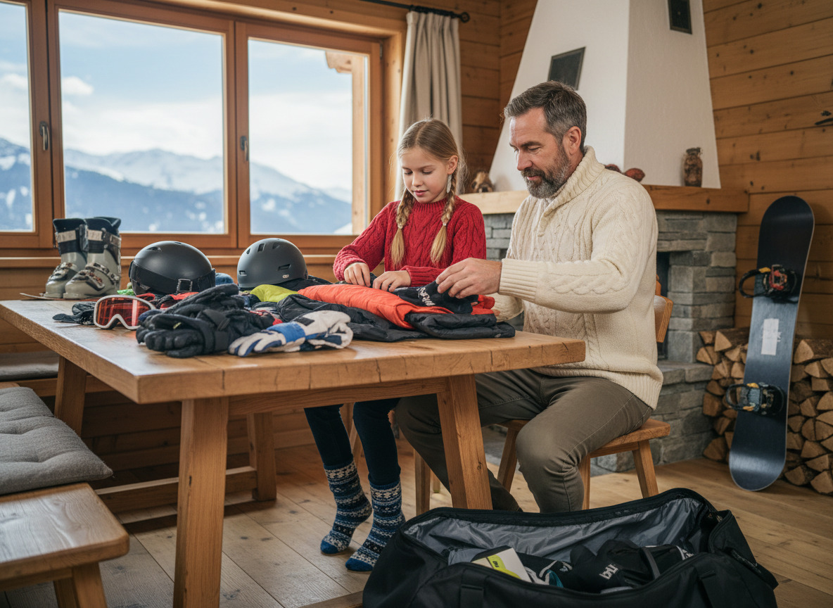 Père et fille préparant leur équipement de ski à l’intérieur
