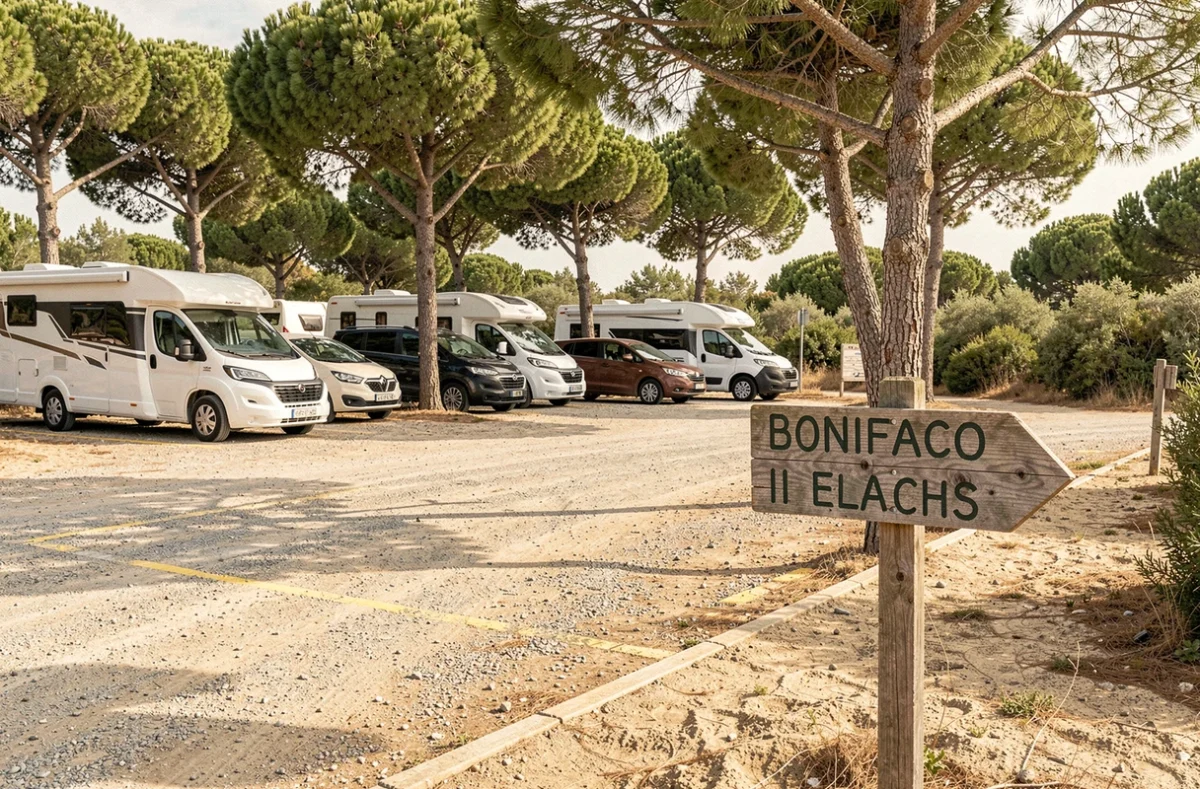 Parking en gravier près de la Plage des 3 Pointes à Bonifacio avec panneau indicateur vers le sentier de plage en Corse