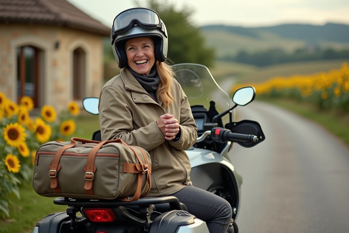 Passagère de moto ajustant les sacoches de voyage lors d'un arrêt en campagne française, organisation des bagages pour road trip moto longue distance