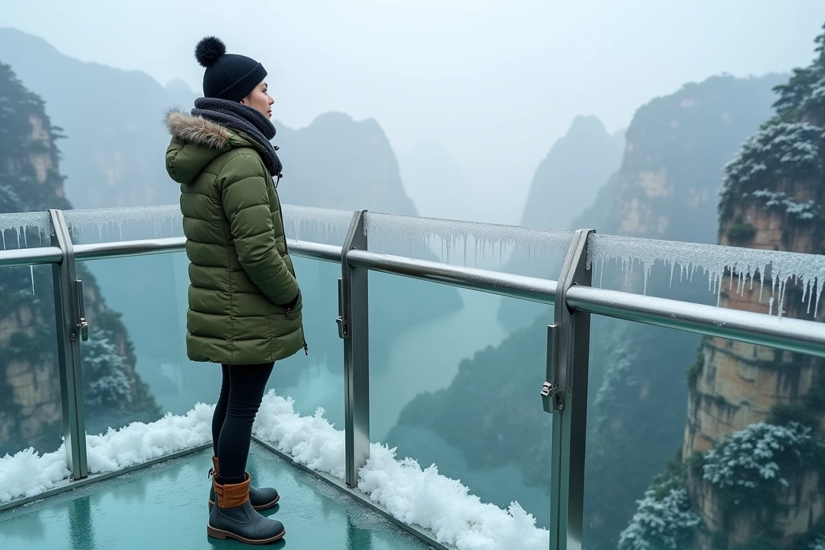 Voyageuse sur la passerelle en verre de la montagne Tianmen à Zhangjiajie en hiver avec brume et neige sur les pics karstiques