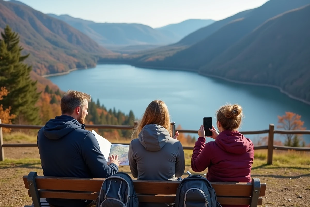 Famille faisant une pause au belvédère avec vue panoramique sur le lac de Gérardmer en automne