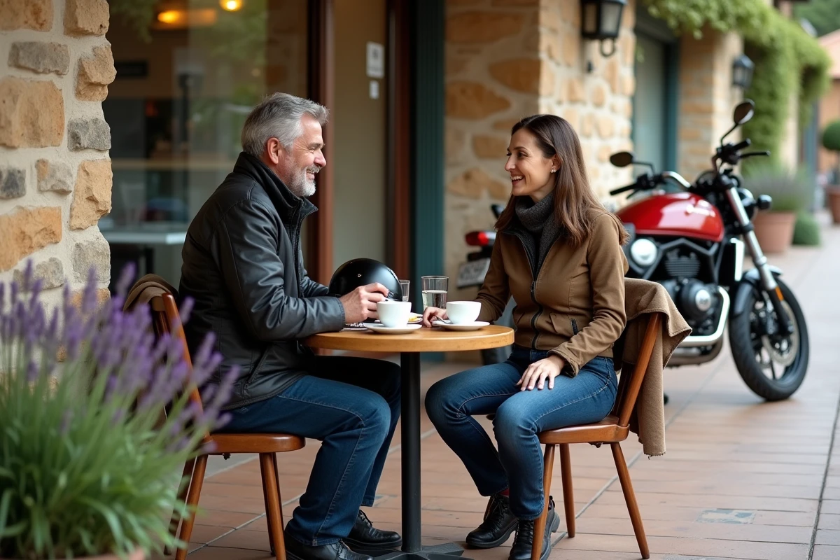 Couple de motards faisant une pause déjeuner en terrasse de café de village pendant un road trip moto, casques posés sur la table et tenue de conduite dézippée