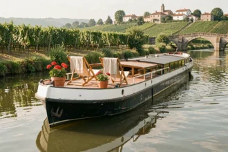 Péniche blanche naviguant sur un canal de Bourgogne entourée de vignobles et de villages pittoresques