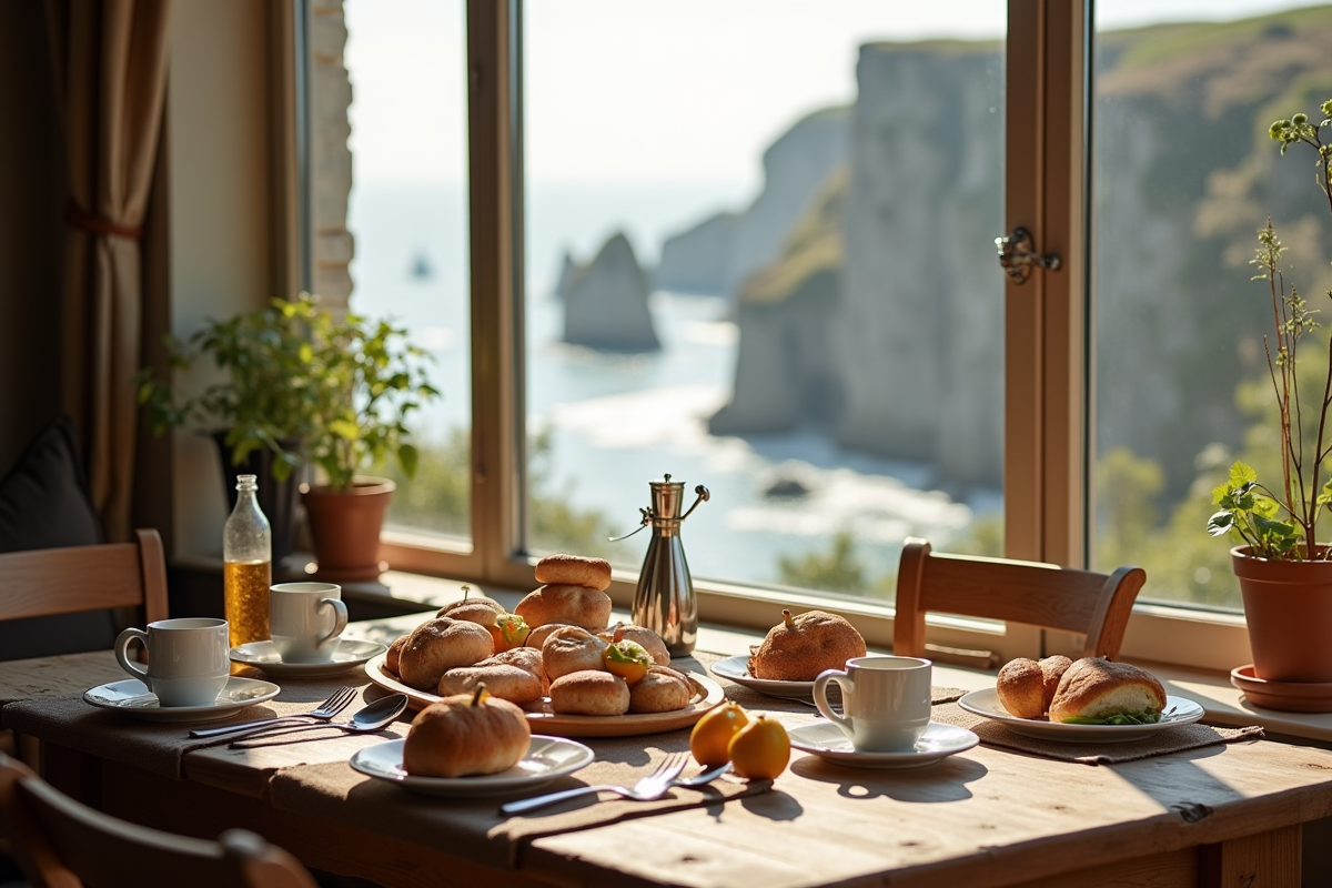 Petit déjeuner élégant avec vue sur la côte normande au matin