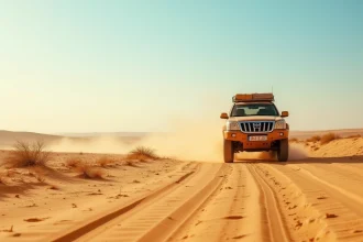 Un 4x4 couvert de poussière traverse une piste désertique entre Djerba et Ksar Ghilane au milieu des dunes dorées de Tunisie