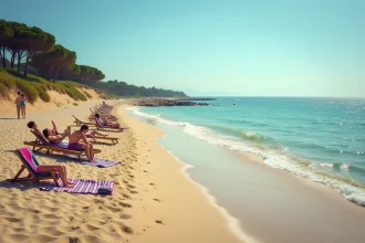 Plage de Pise en été avec des vacanciers se reposant sur le sable fin au bord de la mer Tyrrhénienne