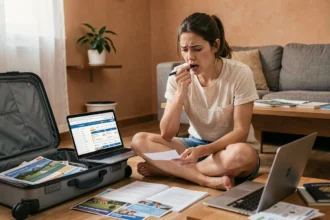 Jeune femme planifiant un voyage en août avec un budget serré, entourée de brochures et d'un ordinateur portable affichant des comparateurs de vols