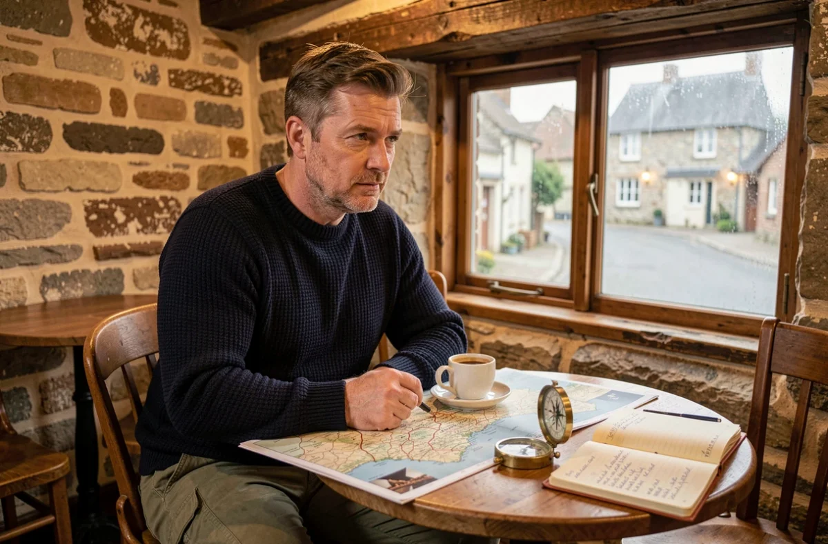 Homme planifiant un itinéraire normand sur une carte dans un bistrot typique de Normandie