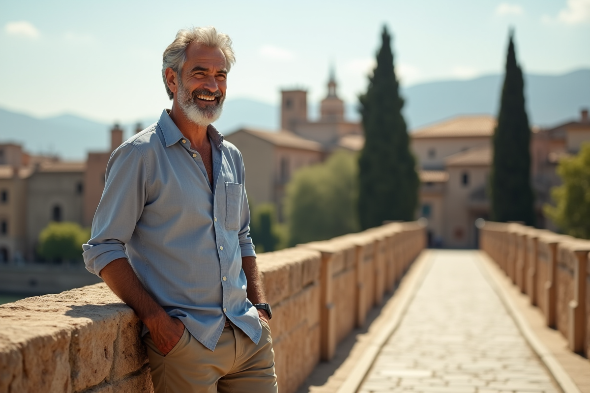 Homme se promenant sur le pont romain de Córdoba