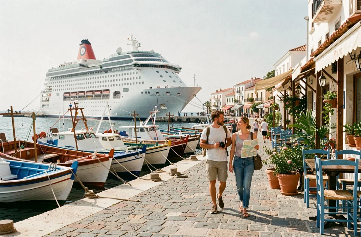 Port grec avec navire MSC amarré et touristes se promenant sur le quai