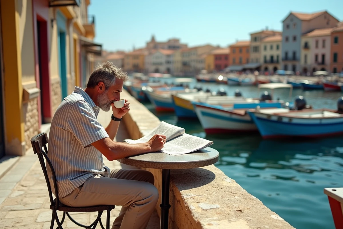 Homme savourant un espresso en terrasse face au port de Monopoli avec des bateaux de pêche colorés amarrés au quai