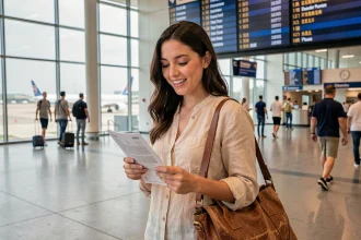 Jeune femme souriante dans un terminal d'aéroport international consultant son itinéraire de voyage organisé pour son premier séjour à l'étranger