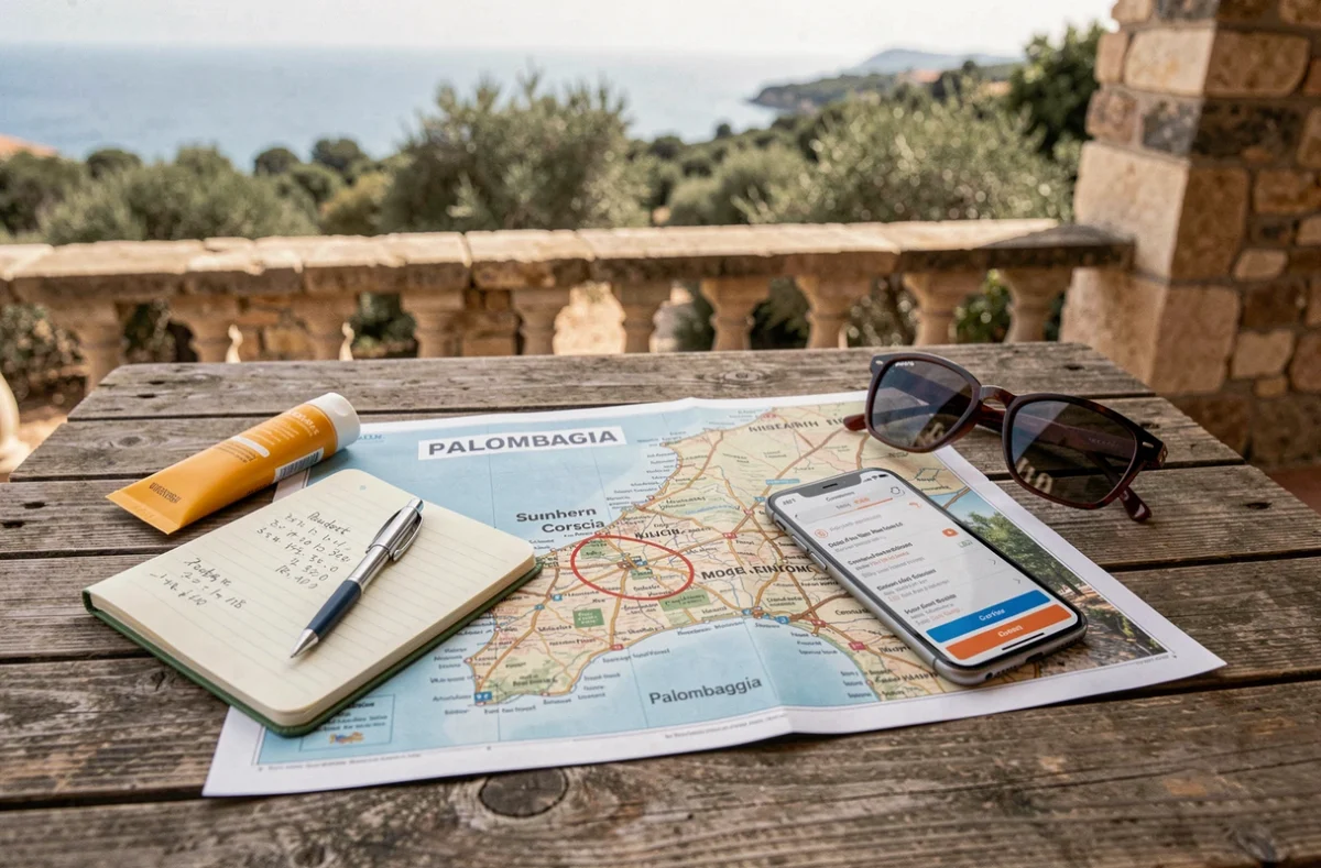 Préparation d'un séjour à Palombaggia avec carte de Corse, carnet de budget et réservation d'hôtel sur une terrasse en pierre