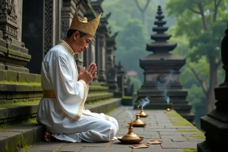 Prêtre balinais en prière devant un sanctuaire ancien au temple Taman Ayun à Bali, entouré de fumée d'encens et d'offrandes traditionnelles