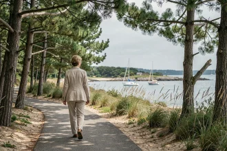 Promenade sur la presqu'île de Conleau à Vannes, chemin côtier bordé de pins maritimes avec vue sur la baie