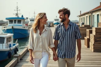 Couple en promenade romantique sur le port de la Cotinière à Oléron, marchant main dans la main devant des bateaux de pêche colorés