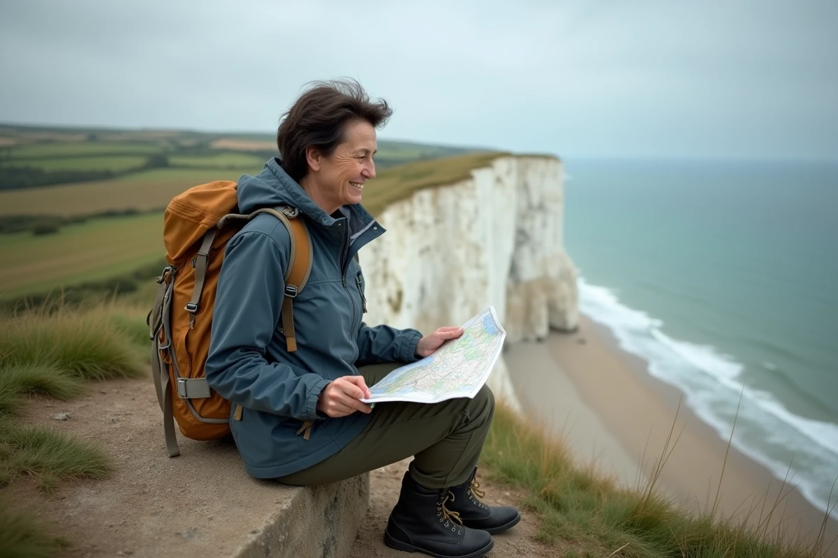 Femme randonneuse regardant une carte sur une falaise normande