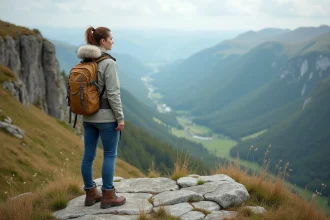 Femme en randonnée contemplant la vallée au Pointe du Salaison