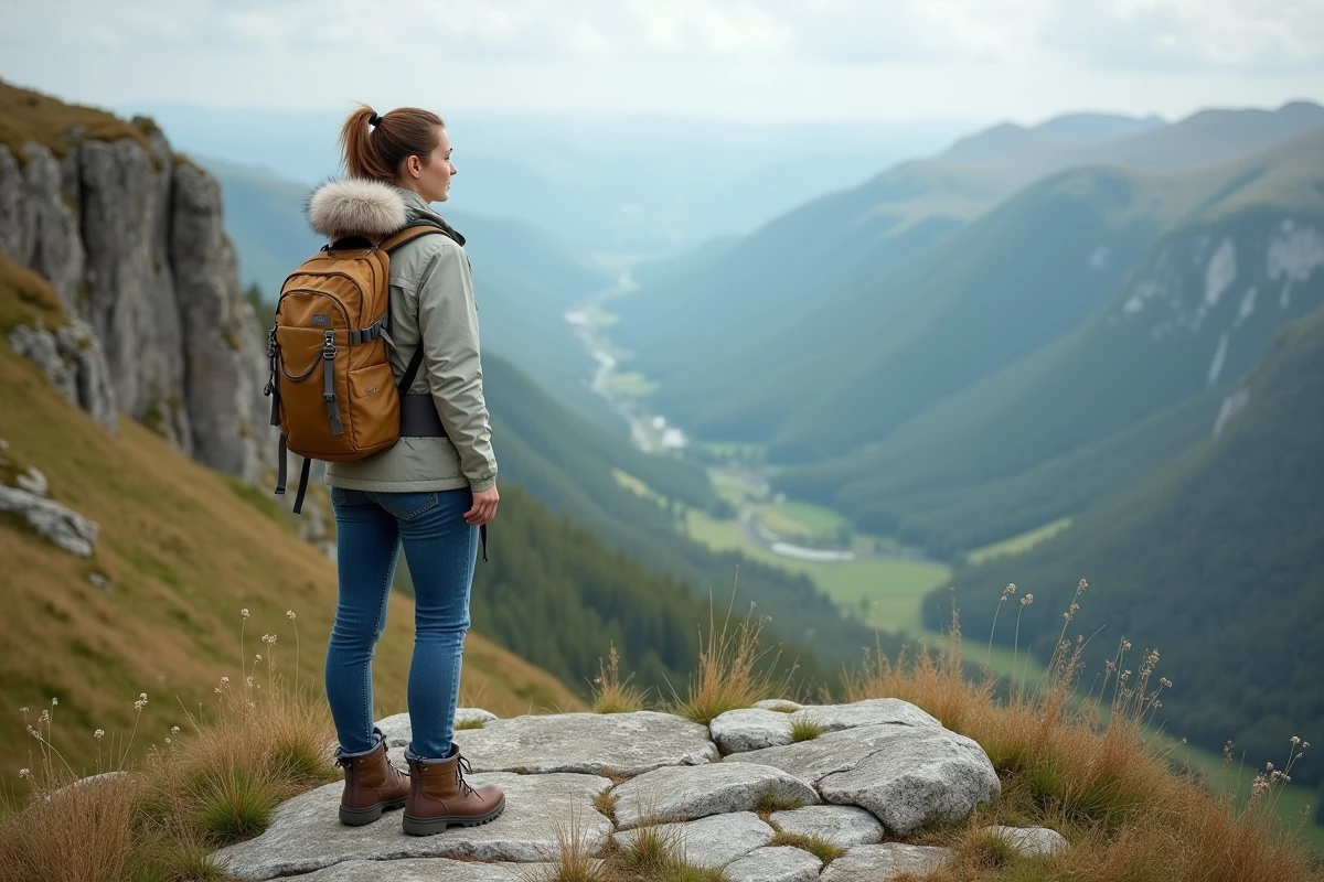 Femme en randonnée contemplant la vallée au Pointe du Salaison
