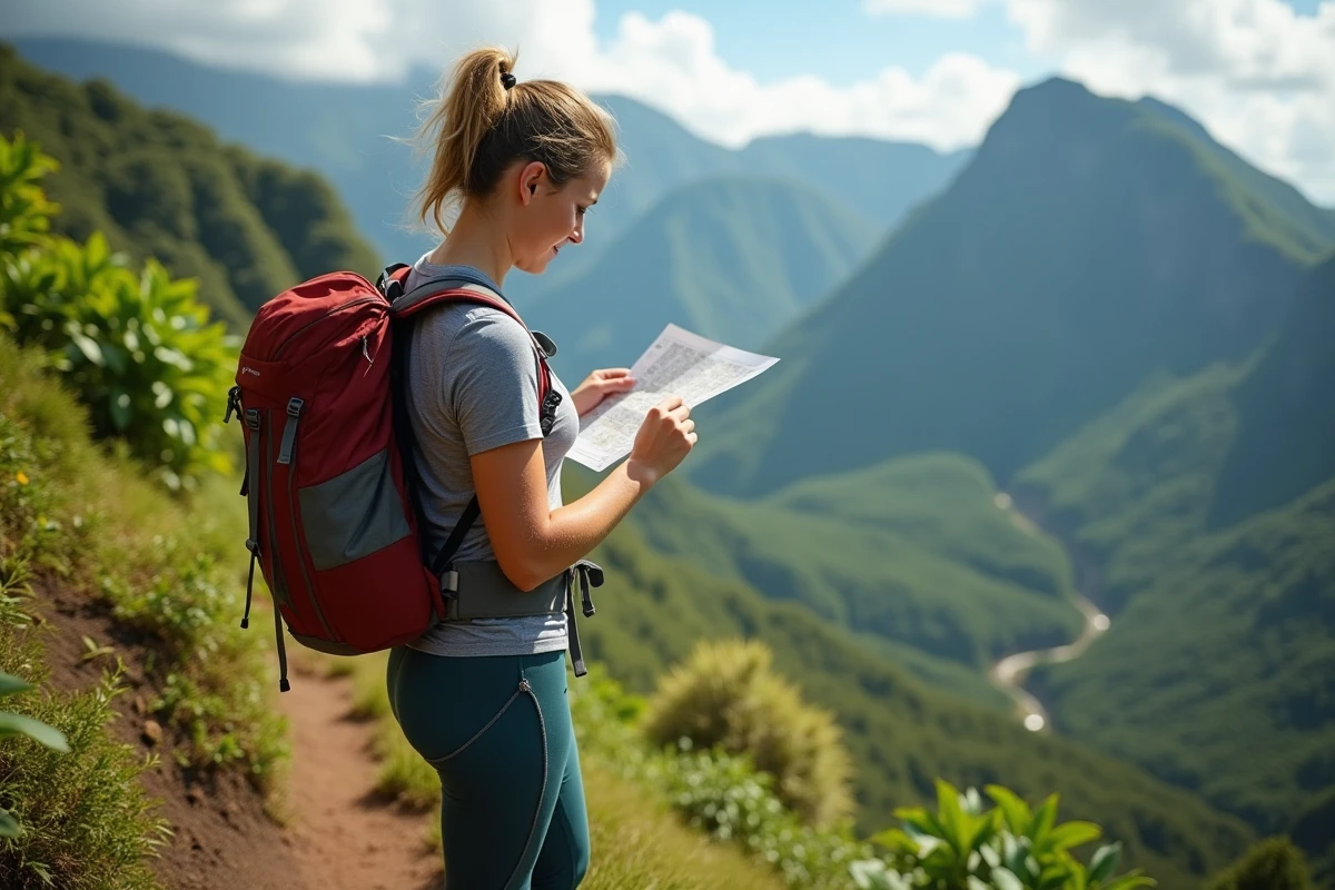 Femme en randonnée à la Réunion avec paysage tropical et volcans