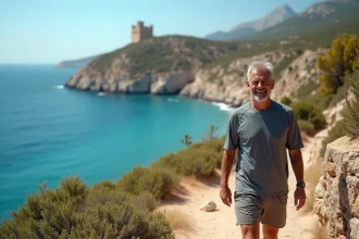 Homme randonneur souriant sur un sentier côtier méditerranéen