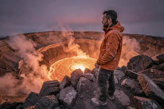 Randonneur au bord du cratère du volcan Nyiragongo contemplant le lac de lave en activité au coucher du soleil, Kivu, RDC