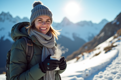 Randonneur souriant en montagne enneigee avec mug chaud