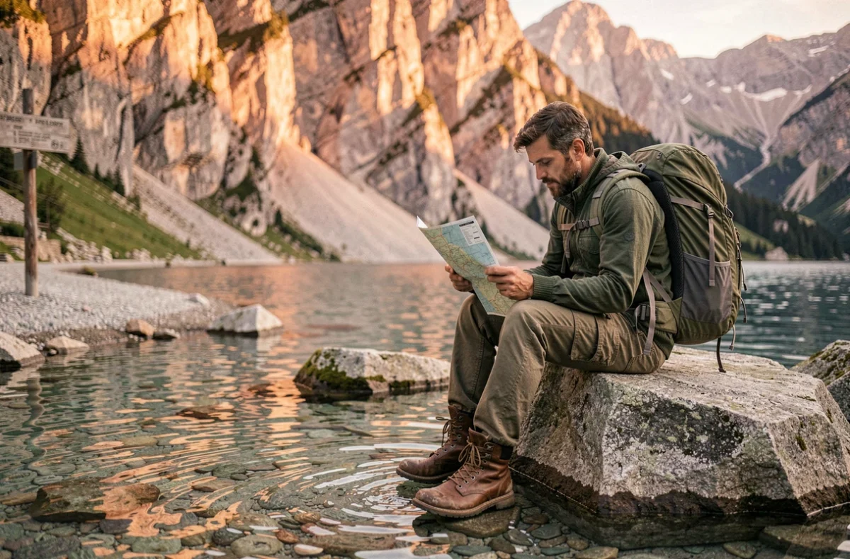 Randonneur assuré au bord du lac Oeschinensee consultant une carte topographique lors d'une pause au coucher du soleil en Suisse