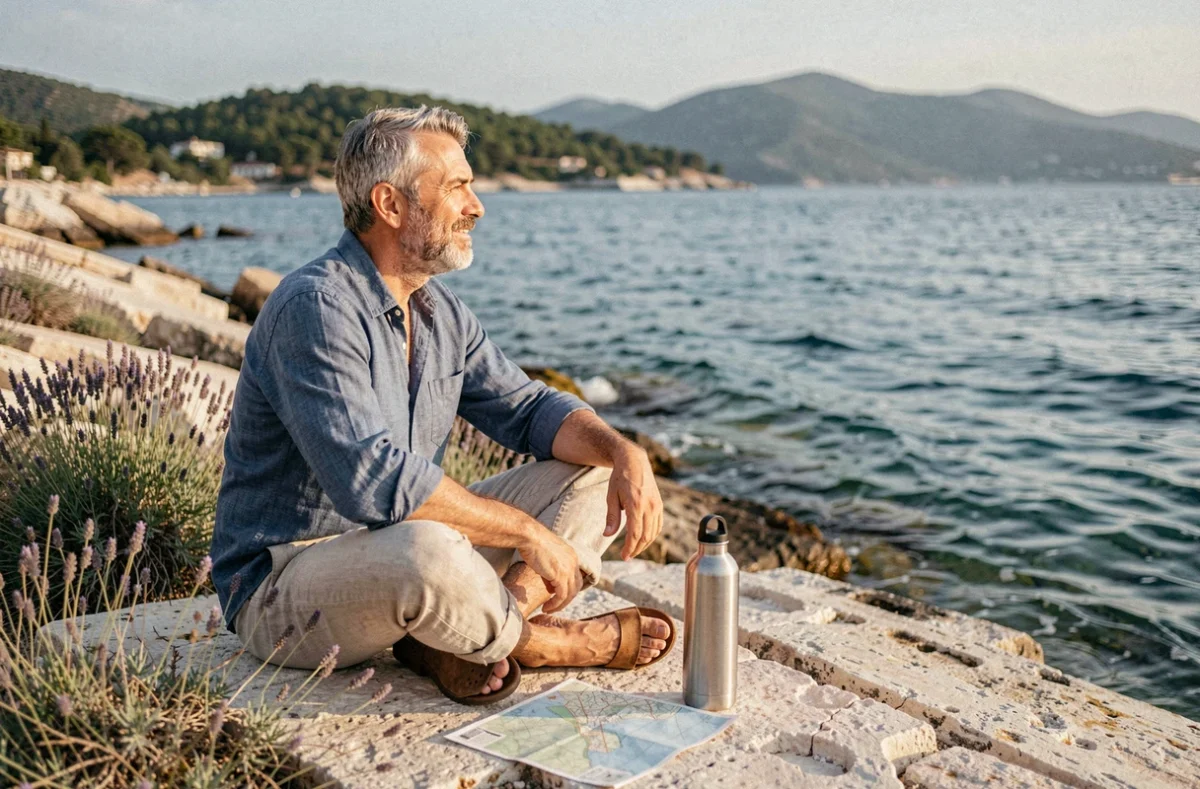 Randonneur se reposant sur des rochers calcaires au bord de la mer Égée à Skopelos avec carte et gourde écologique