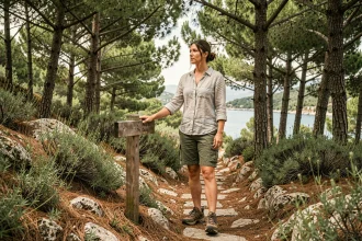 Randonneuse sur un sentier de randonnée à travers la forêt de pins de Skopelos avec vue sur une crique en arrière-plan