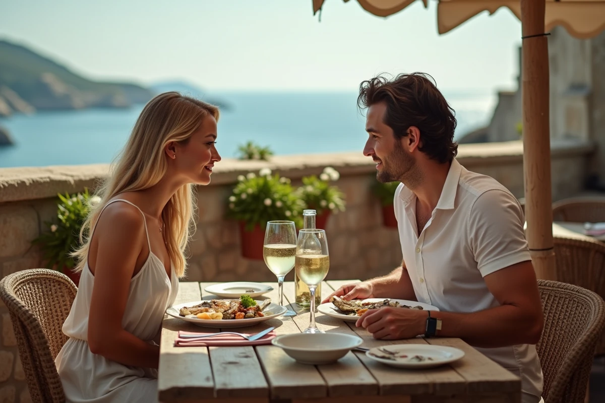 Couple partageant un repas romantique de fruits de mer sur une terrasse de restaurant face à l'Atlantique à la Cotinière, Oléron