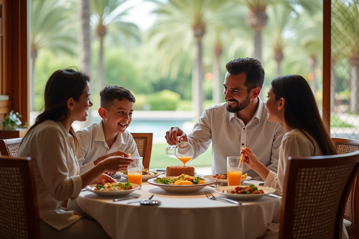 Famille dégustant un repas traditionnel dans un restaurant à Dubaï