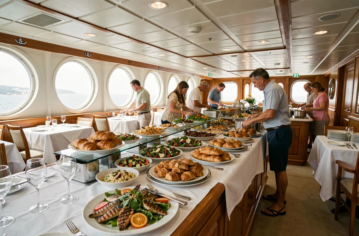 Restaurant buffet tout compris à bord d'un bateau de croisière avec vue sur la côte croate