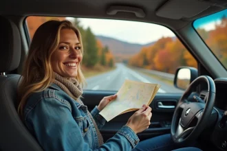 Femme tenant une carte routière dans une voiture sur l'autoroute I-87 entre Montréal et New York en automne