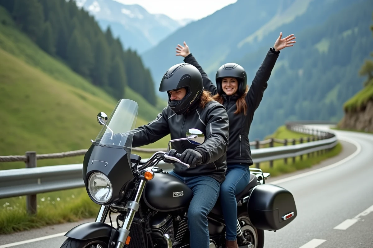 Couple en tenue de moto faisant une pause sur un col de montagne, le pilote consulte une carte pendant que la passagère s'étire, road trip à deux en moto de tourisme