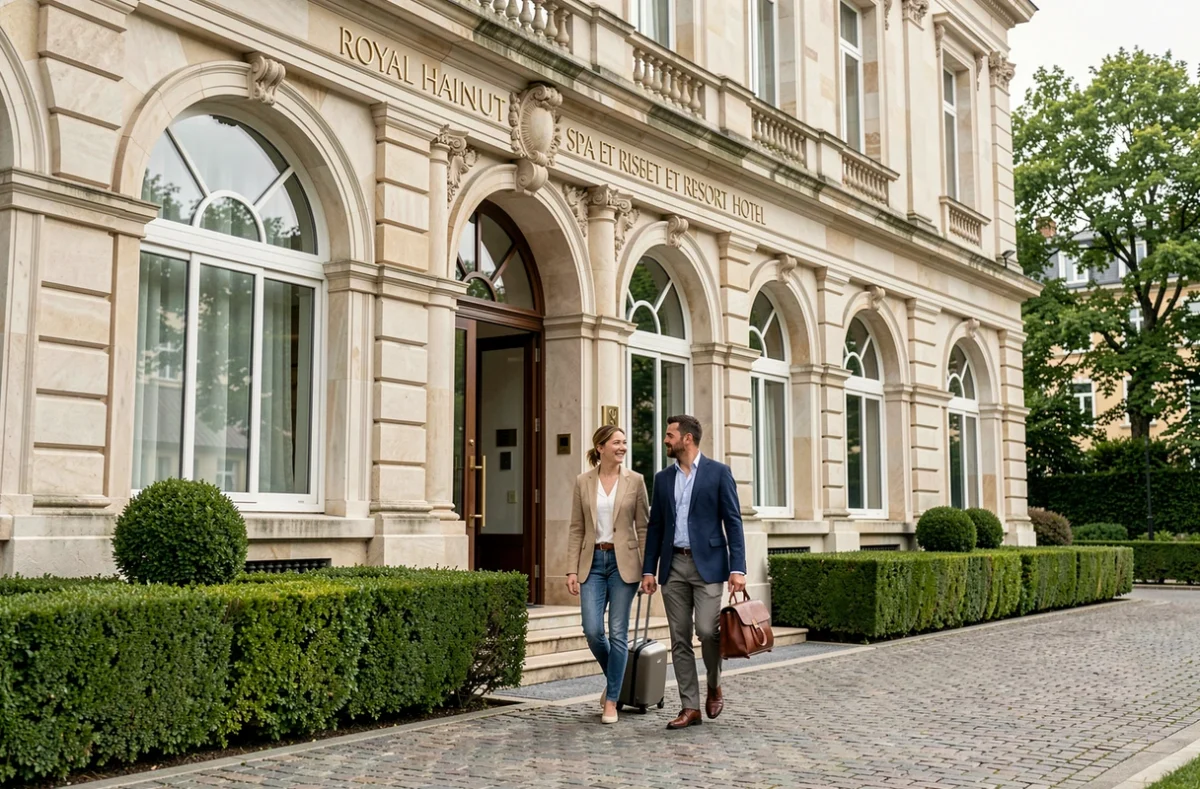 Façade néoclassique du Royal Hainaut Spa et Resort Hotel à Valenciennes avec un couple à l'entrée