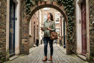 Voyageuse explorant une ruelle pavée cachée dans le centre de Londres loin des foules touristiques