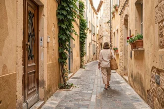 Ruelle pavée secrète d'Aix-en-Provence avec murs en pierre ocre et porte en bois ancienne