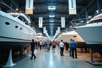 Vue panoramique intérieure du Salon du nautisme de Paris avec voiliers et bateaux à moteur exposés dans un grand hall d'exposition