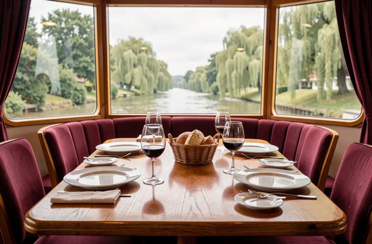 Table dressée dans le salon d'une péniche de croisière en Bourgogne avec des verres de vin rouge